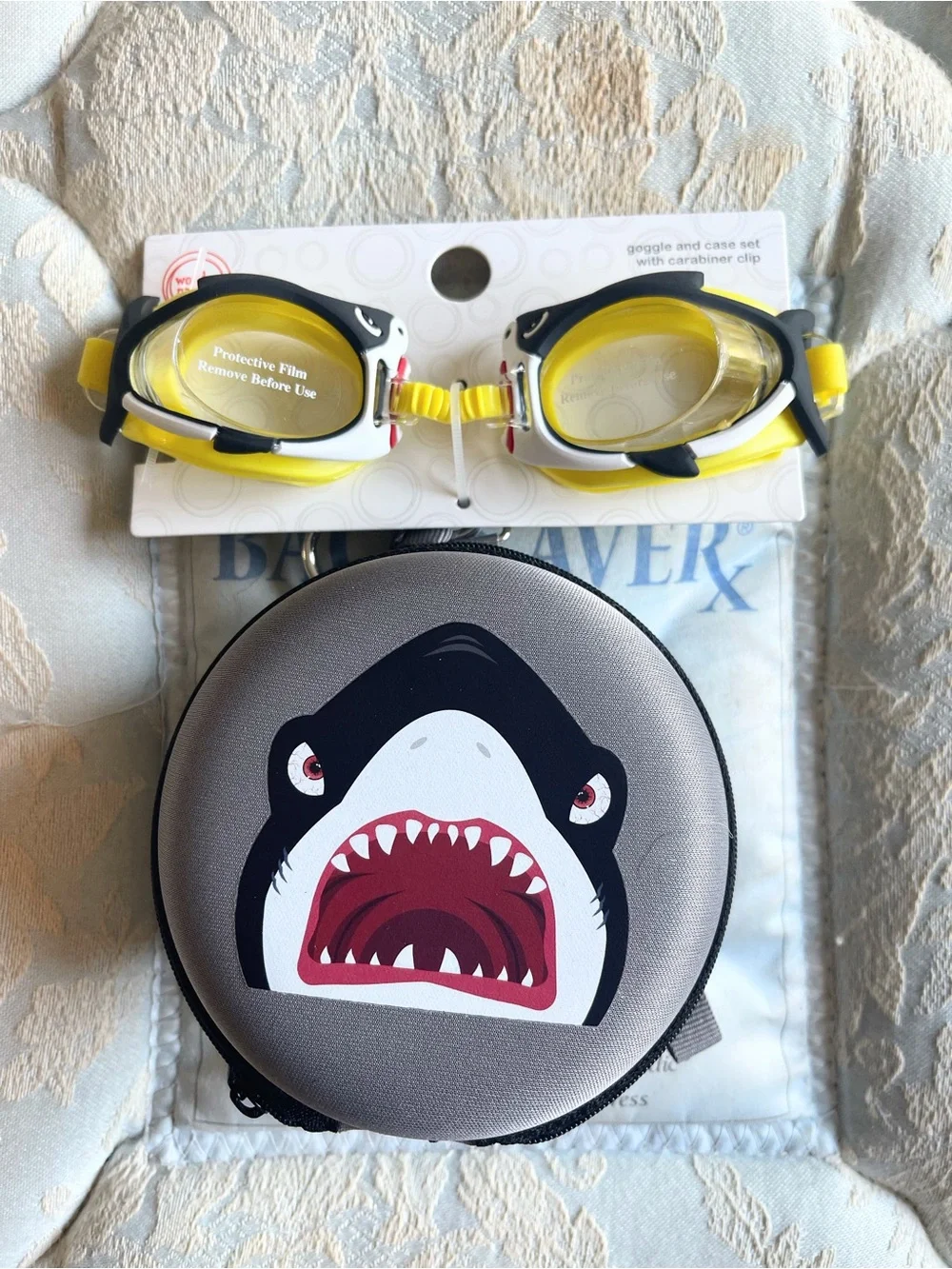 BNWT Kids Yellow Shark Swim Goggles with Case
